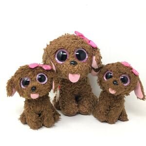 Ty Beanie Boo Maddie Plush Dog Set of 3 Brown Puppy 6" 9" Pink Bow Glitter Eyes